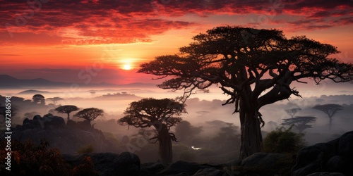sunset in the serengeti country, Landscape of Baobab trees near a lake