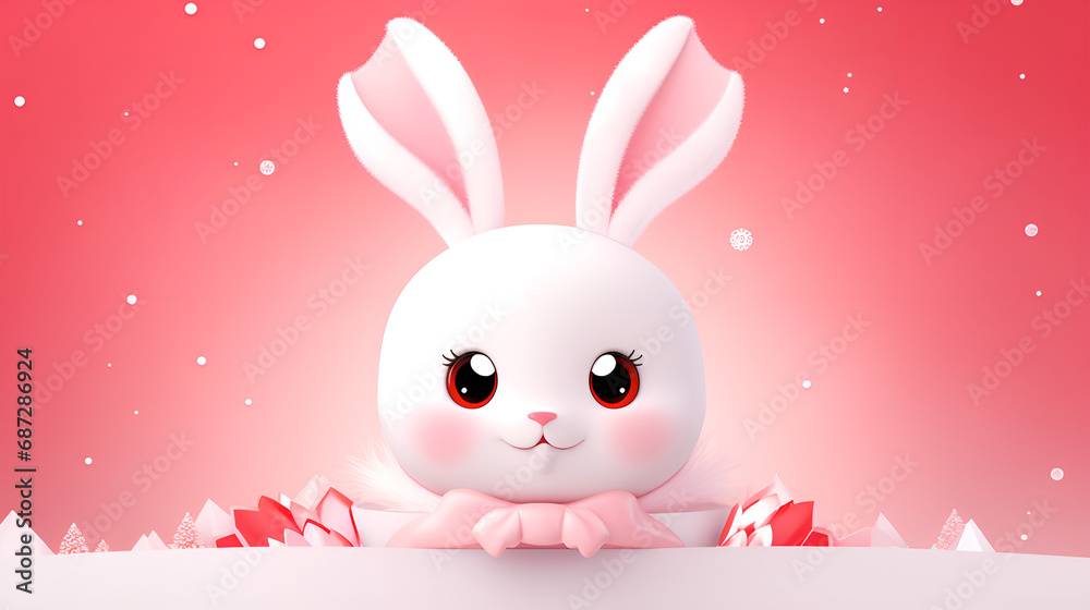 Fluffy Charm: The Adorable Cartoon Bunny Amidst Pink Dreams