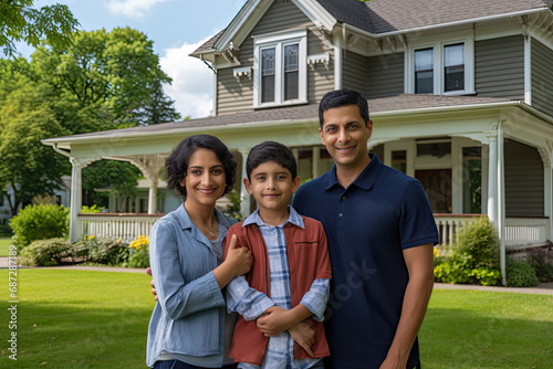 Happy Mexican, Latino, Indian family in front of their house, home, real estate. Homeowners, renters, mom, dad, kids, children, blended families, diverse families, standing in front of their property photo