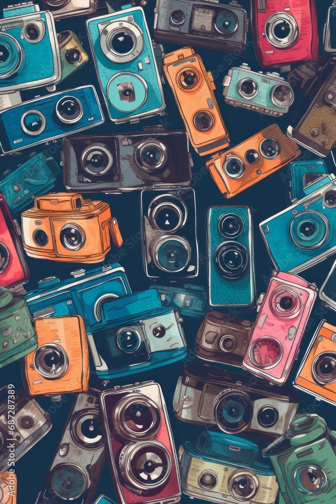 Fototapeta premium Pattern of photo cameras creates a captivating background image. Diversity in camera types, forming an engaging visual motif suitable for photography-related contexts and creative designs.