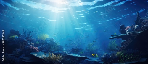 Underwater seascape with sunbeams and marine life. Ocean exploration and beauty.
