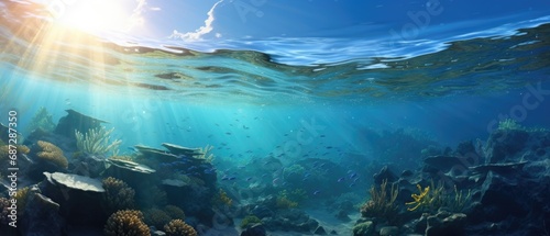 Underwater coral reef landscape with tropical fish  sunlight and ocean waves. Marine life and ecology.