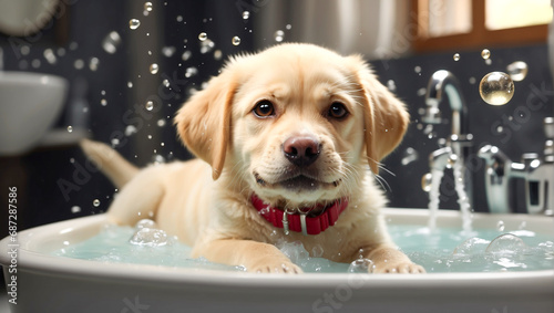 Cute funny Labrador puppy bathes in a basin in the bathroom © tanya78