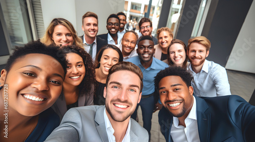 Multiracial group of business people taking a selfie together with coworkers at office after the meeting end. Friends for social network. Close-up photo