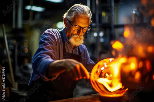 Elderly jeweler working with molten metal in a glass workshop