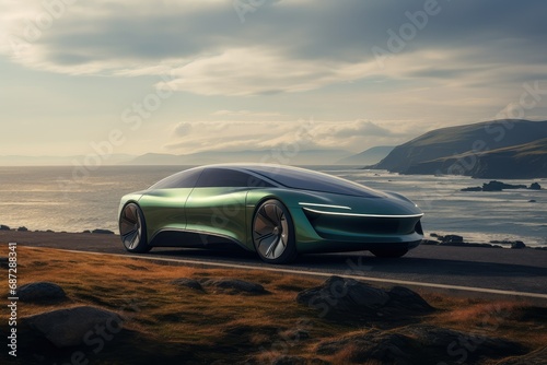Futuristic sports car in city, 3D rendering of a brand-less generic concept car in the landscape, Tuned Sport Car , cyberpunk Sports Car On Neon Highway.