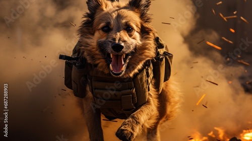 battle dog, battlefield, dog vest, tactical dog, frontline, explosions, war