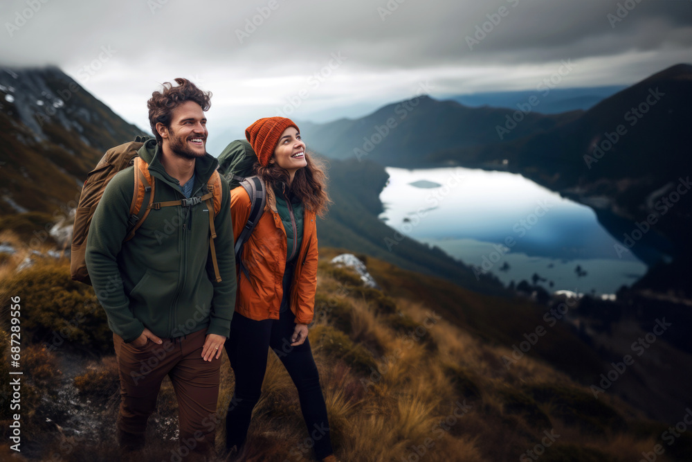 Two people hiking in a beautiful mountain landscape with water.