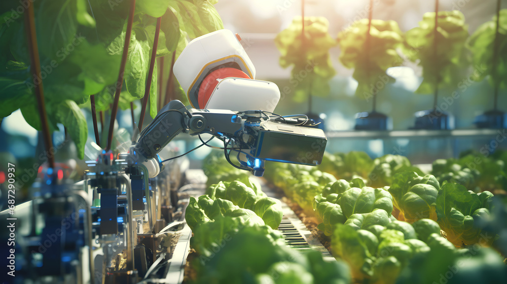 Automatic robot harvesting eco vegetables. Smart farm. Close-up Automatic robot harvesting eco vegetables. Smart farm. Close-up