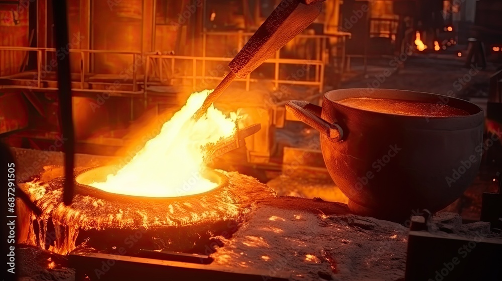 Blast furnace slag and pig iron tapping. Molten metal and slag are