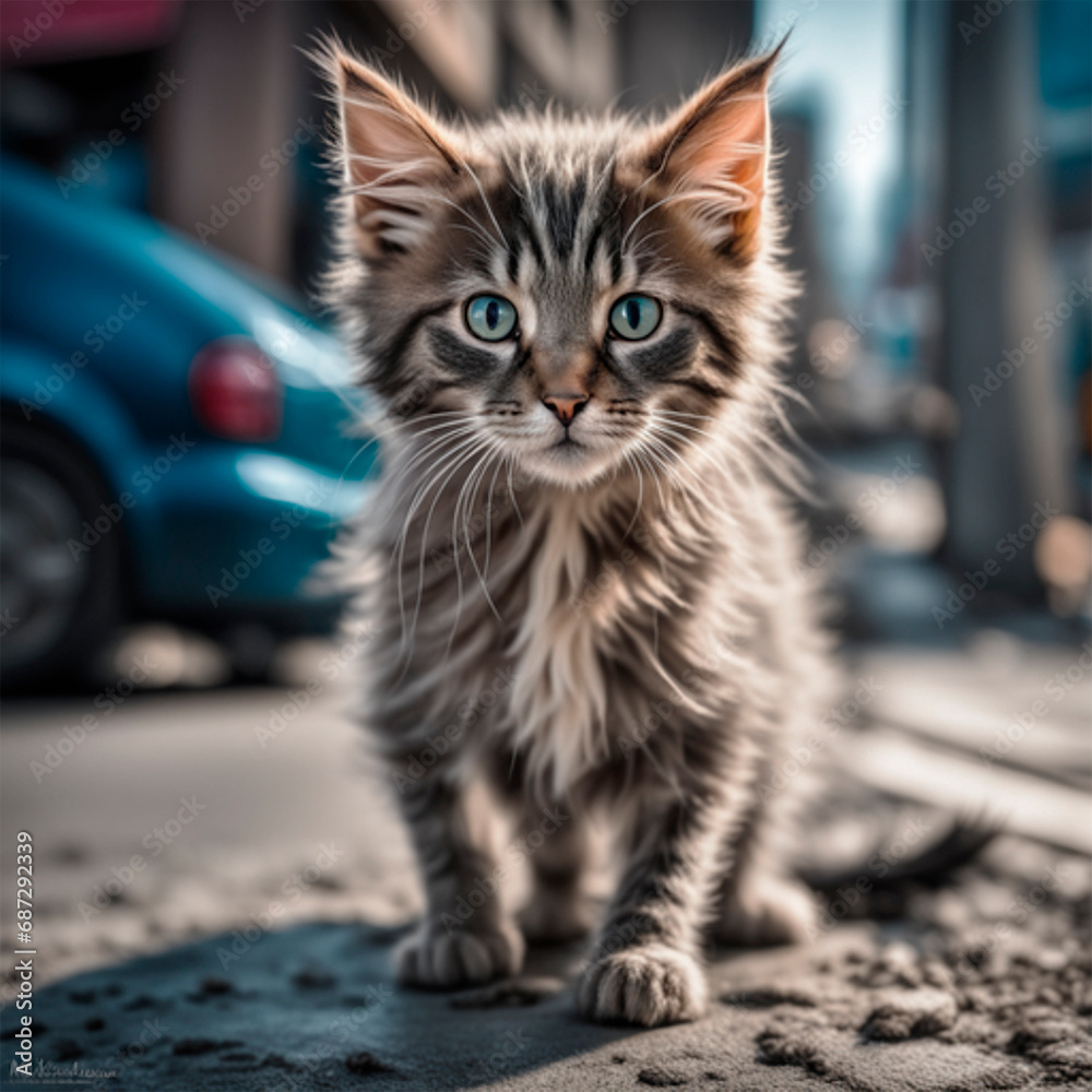 scared, shaggy, homeless kitten sitting on the street
