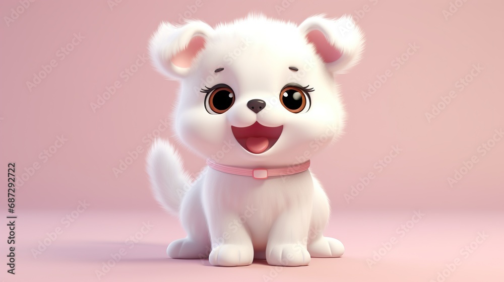 Full-body, happy, cute, kawaii dog in a vibrant 3D render on a solid, clean color backdrop, radiating joy and positivity. Full-body, happy, cute, kawaii dog in a vibrant 3D render on a solid, clean color backdrop, radiating joy and positivity.