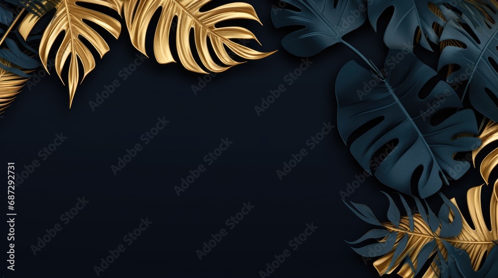 golden tropical monstera leaf border on black navy blue background