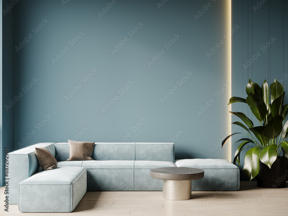 Luxury living room in teal blue color. Turquoise wall, light azure furniture sofa. Empty background for art. Rich minimalist interior design. Mockup room home or reception. 3d render Luxury living room in teal blue color. Turquoise wall, light azure furniture sofa. Empty background for art. Rich minimalist interior design. Mockup room home or reception. 3d render