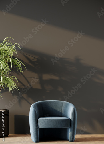 Premium living room in dark colors. Black walls, lounge furniture - navy blue armchair. Empty space for art or picture. Rich modern interior design office reception. Mockup room hall lobby. 3d render