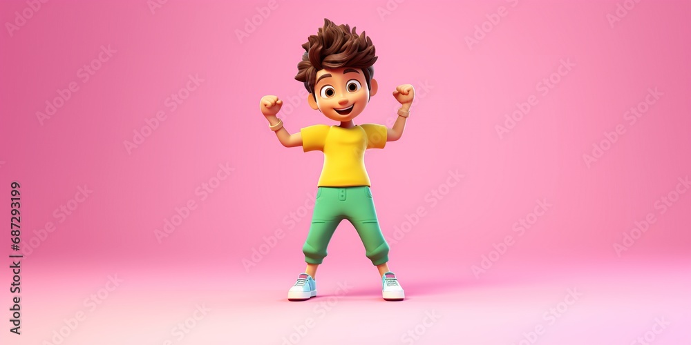 Cute cartoon character avatar, positive, and excited k-pop boy in vibrant fashion: green pants, yellow t-shirt, blue sneakers. 3D render on yellow green pink backdrop. Cute cartoon character avatar, positive, and excited k-pop boy in vibrant fashion: green pants, yellow t-shirt, blue sneakers. 3D render on yellow green pink backdrop.
