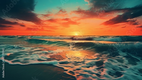 colorful sunset over the beach with ocean waves, copy space, 16:9