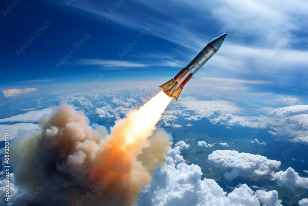 Rocket launch. Background with selective focus and copy space. Photorealistic style