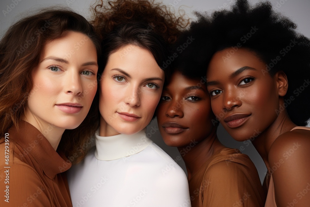 Beautiful women with various skin tones, group of people from different ethnic backgrounds, diversity of human skintones, unique skin tone shades, authenticity and inclusivity concept