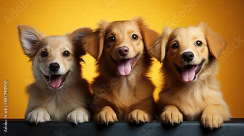 Promote puppy adoption with a heartwarming studio photo of a joyful, cute puppy against a vibrant, clean-colored backdrop.