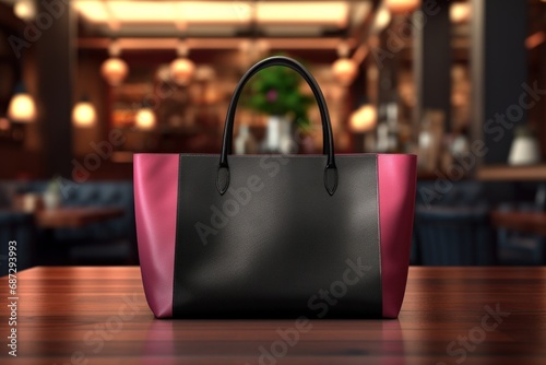 Wallpaper Mural Stylish leather handbag with silver hardware and brown handles on wooden table in coffee shop or cafe. Elegant and chic, perfect for everyday use or special occasions Torontodigital.ca