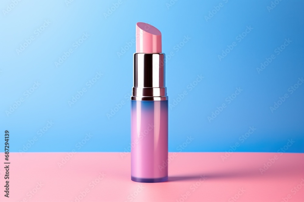Pink lipstick tube blue and pink background. The lip stick tube is metallic and shiny and lipstick itself is pastel pink color. The tube is standing upright on pink surface. Makeup, cosmetic product