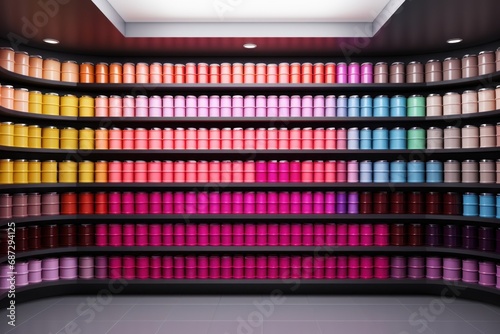 Colorful image of shelf with many jars or cans of paint in different hues. The paint containers are arranged in rainbow gradient photo