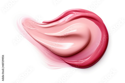 Pink liquid cream with glossy and shiny texture, nail polish isolated on white background, splashing and flowing in abstract wavy shape. Closeup or macro shot. photo