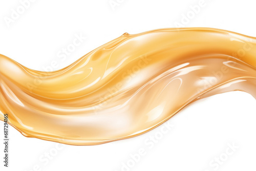Abstract wave of yellow liquid gold isolated on white background. Wave is flowing from left to right and has smooth, glossy texture. The wave has fluid, flowing shape and in motion