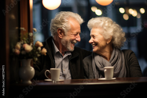 Elderly couple sitting at table in cozy cafe on romantic date. Mature wife and elder husband sitting close together and enjoying coffee break, senior family grandparents relaxing together