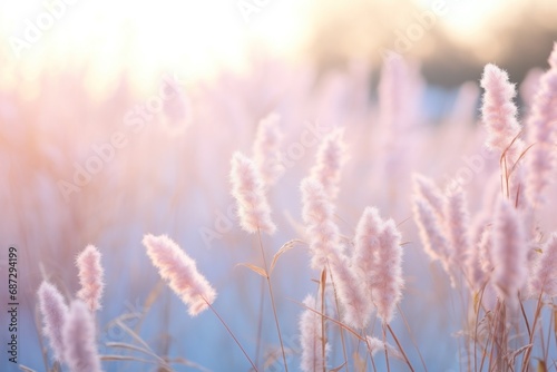 Feld of pink reeds during sunrise or sunset. Reeds are gently swaying in the wind, creating delicate and soft texture. The sky is pastel color, with the sun shining through. Peaceful and serene © Aisland