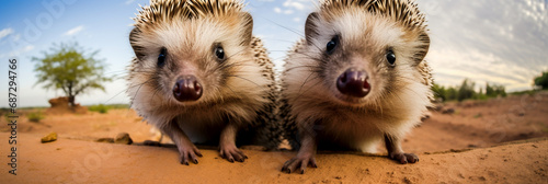 The two hedgehogs look curious as they discover the hidden wildlife camera in the outdoors. Beautiful panoramic animal portrait with fisheye effect and selective focus, ideal as web banner photo