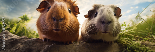 The two guinea pigs look curious as they discover the hidden camera in the outdoors. Beautiful panoramic animal portrait with fisheye effect and selective focus, ideal as web banner or in social media