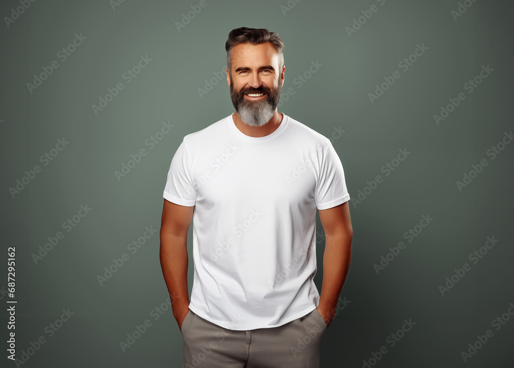 smiling mature man in plain white t-shirt mockup smiling mature man in plain white t-shirt mockup