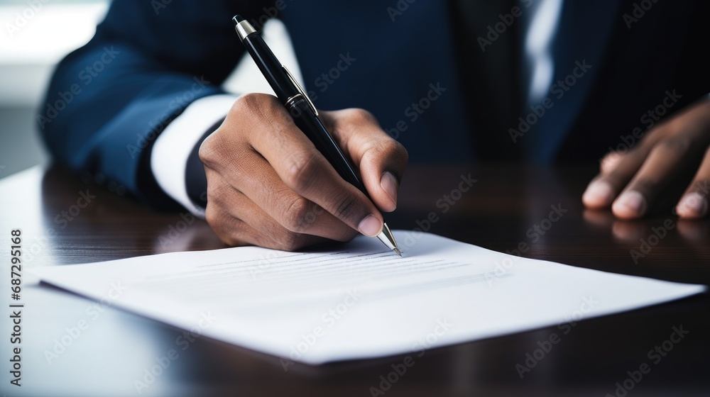 a man  signing contract on paper with pen  - obrazy, fototapety, plakaty 