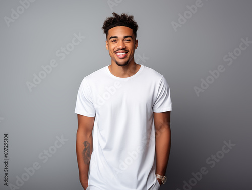 a young male model wearing a blank T shirt for use as mockup with blank background