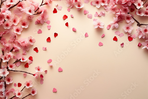 Delicate pink and red flowers and hearts as a symbol of love are mixed on a Valentine's Day greeting card template © milicenta