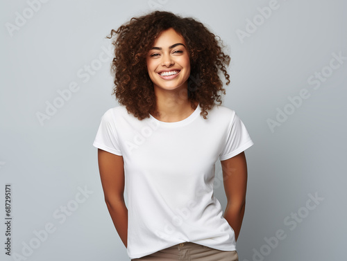 A young woman posing for a t-shirt mockup, wearing a blank , clean white shirt