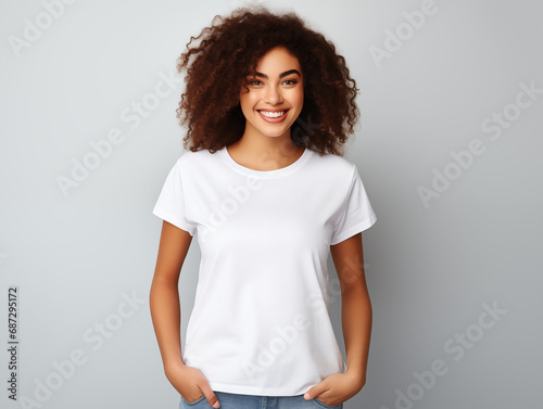 A young woman posing for a t-shirt mockup, wearing a blank , clean white shirt