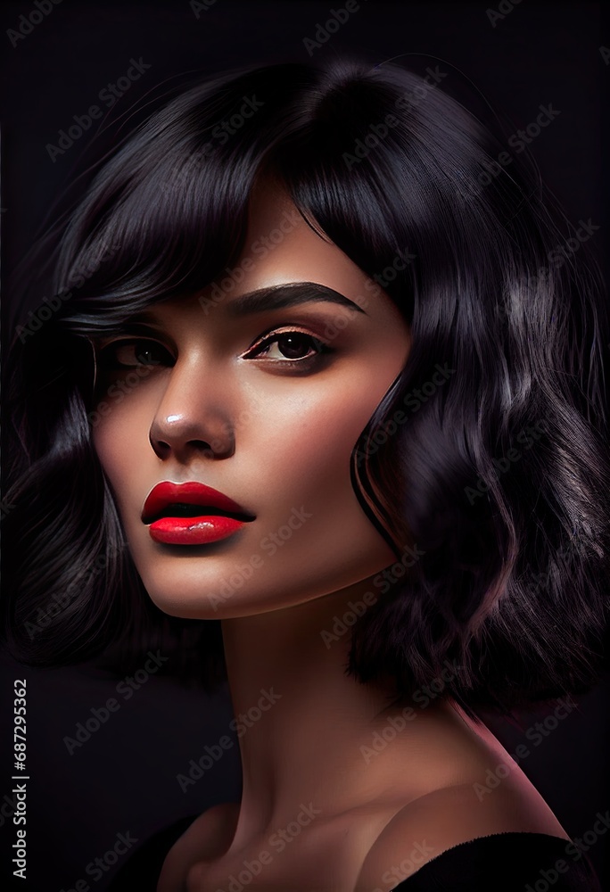 Beautiful brunette girl with red lips and bob hairstyle. Beautiful brunette girl with red lips and bob hairstyle.