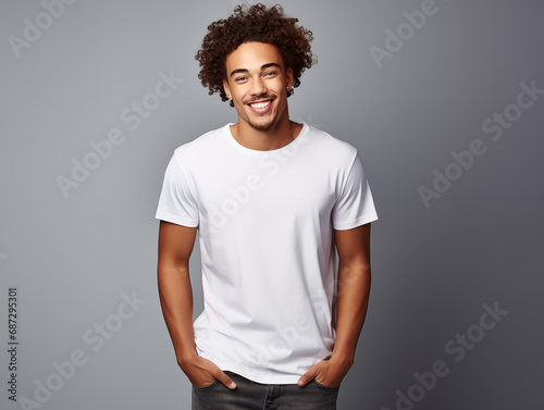 a young male model wearing a blank T shirt for use as mockup with blank background