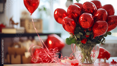 Bouquet of red roses, red balloons and gifts. Amidst a shower of confetti