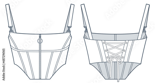 Corset Top technical fashion Illustration. Zipped Corset fashion flat technical drawing template, straps, lace-up, slim fit, front and back view, white, women Top CAD mockup.