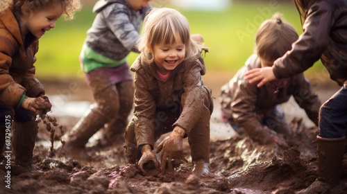 Joyful children in raincoats and rubber boots are splashing and playing in a large, muddy puddle after a rain shower, embodying the carefree spirit of a happy childhood spent outdoors.