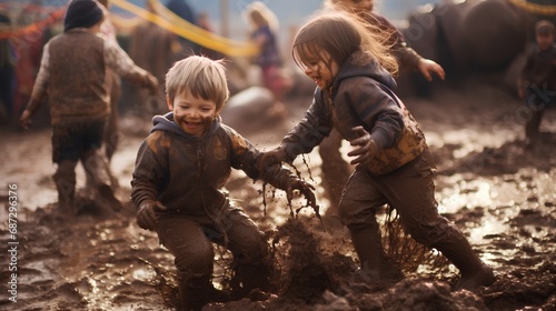 Joyful children in raincoats and rubber boots are splashing and playing in a large, muddy puddle after a rain shower, embodying the carefree spirit of a happy childhood spent outdoors. photo