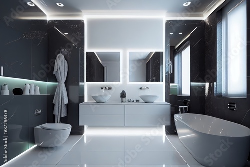 Modern cozy bathroom with a bath, sink, cosmetic shelf, towels, and tiled walls. Mockup for presenting bath and cosmetic products, providing an attractive space for showcasing items.