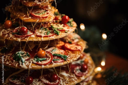 A culinary Christmas tree: a pizza creation standing tall, topped with festive ingredients, a savory twist on traditional holiday fare