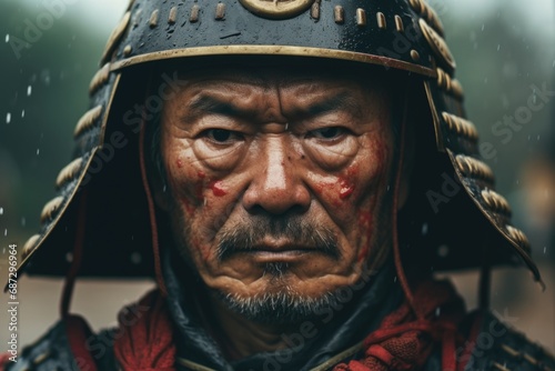 A close-up captures the serene composure of a samurai, exuding coolness and calmness in every nuanced detail of expression