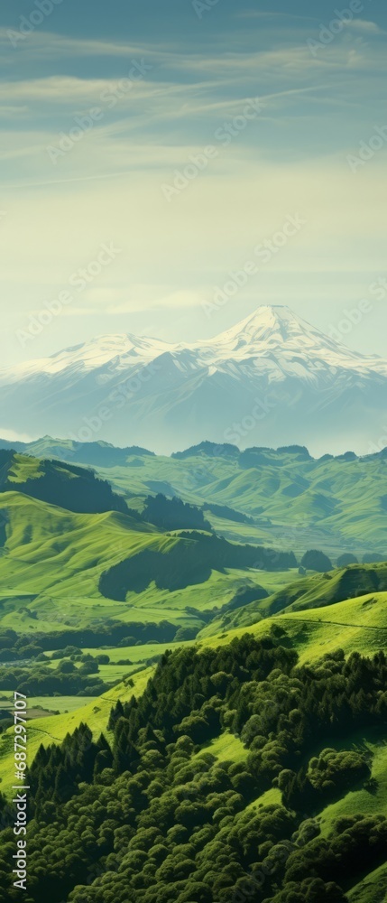 Fototapeta premium Wide shot of a landscape of green hills with a mountain and sky in the background 