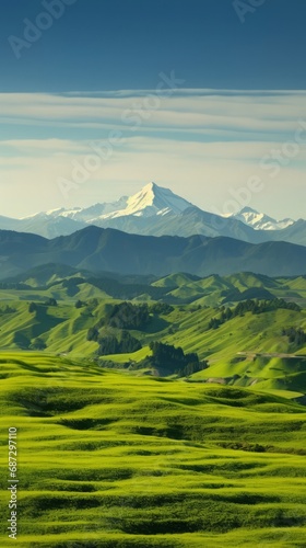 Wide shot of a landscape of green hills with a mountain and sky in the background 